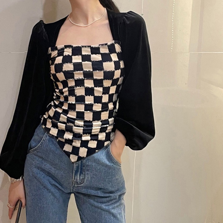 SUXI  Áo kiểu nữ vải nhung tay dài phồng cổ vuông họa tiết caro thời trang
