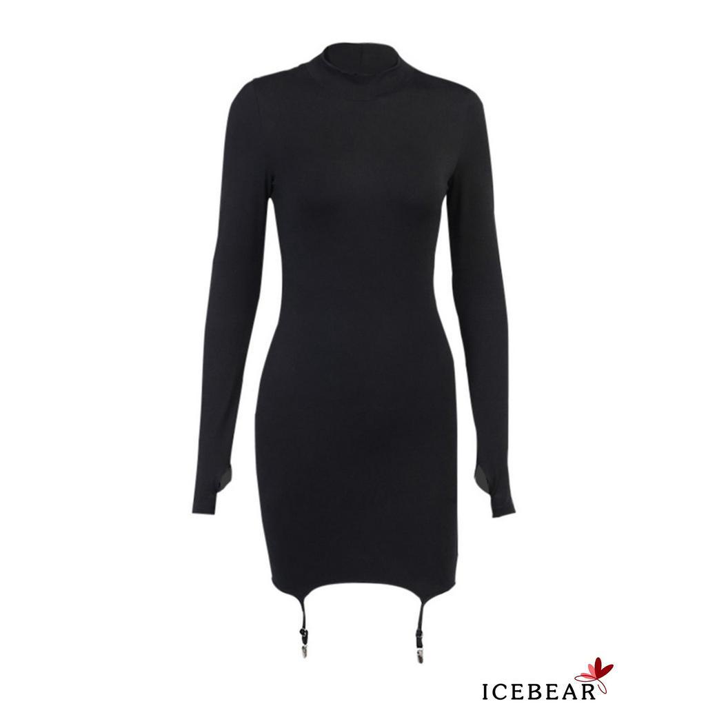 Đầm cổ cao tay dài phối vớ đùi màu trơn thời trang cho nữ