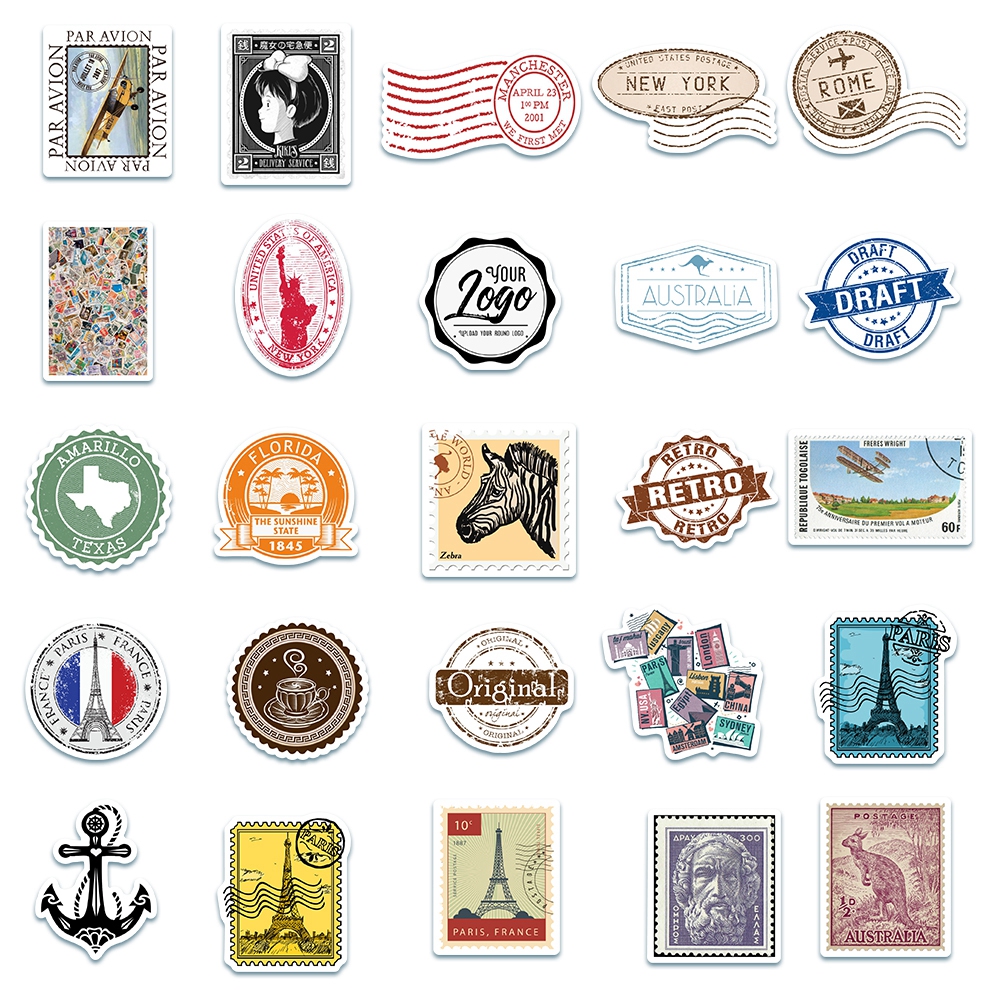 Set of 50 Retro Style 4-7cm Decorative stamp Stickers