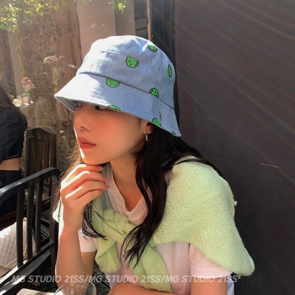 Mũ Tai Bèo MG STUDIO Chất Liệu Denim Họa Tiết Hình Mặt Cười