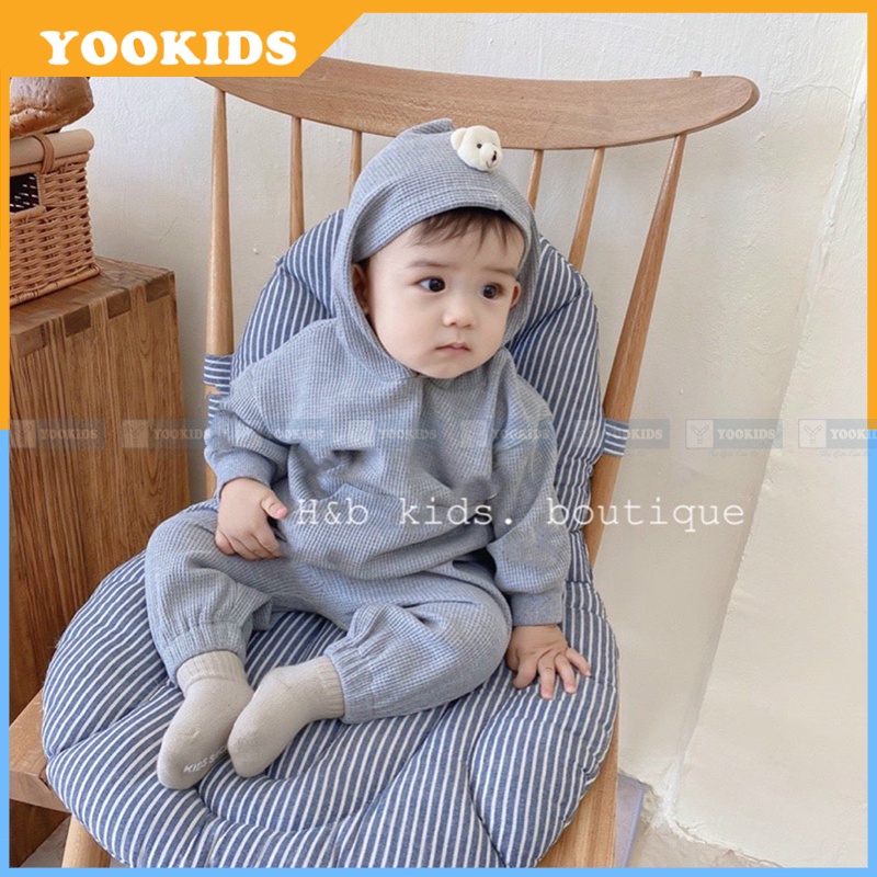 Bộ thu đông cho bé YOOKIDS kèm mũ chụp gấu chất đũi xốp mềm mịn, Bộ dài tay cho bé trai bé gái 1 2 3 4 5 tuổi