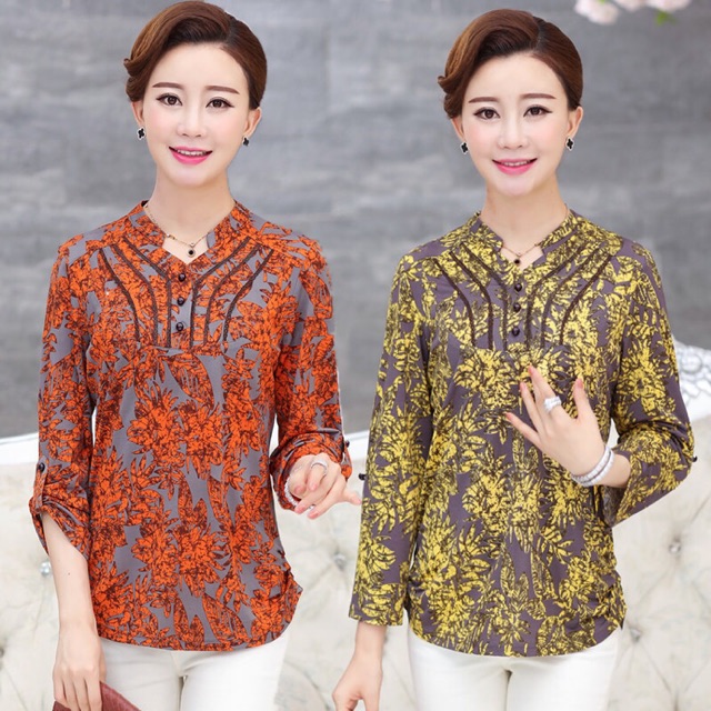 THANH LÝ LỖ VỐN Áo nữ trung niên áo kiểu tay dài đường may cách điệu co giãn nhẹ