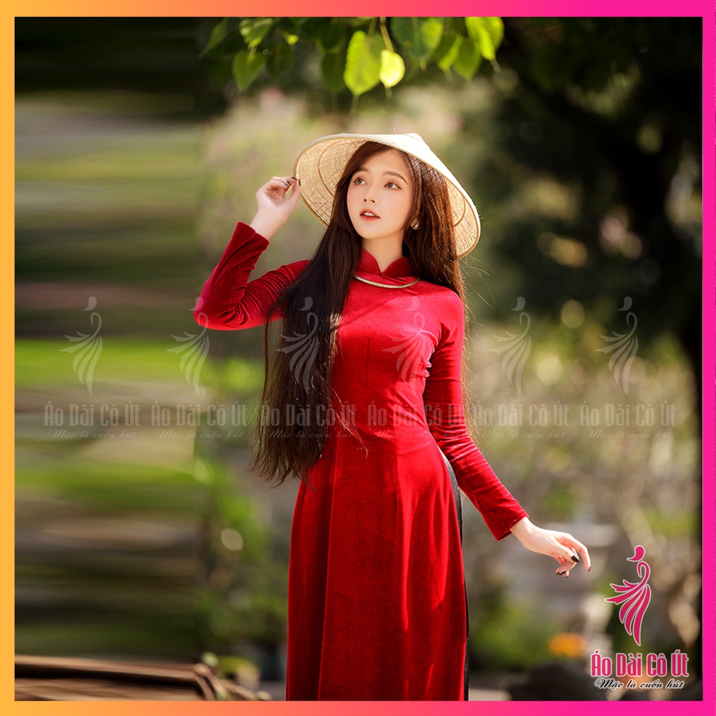 Áo dài nhung màu đỏ đô trơn truyền thống tay dài