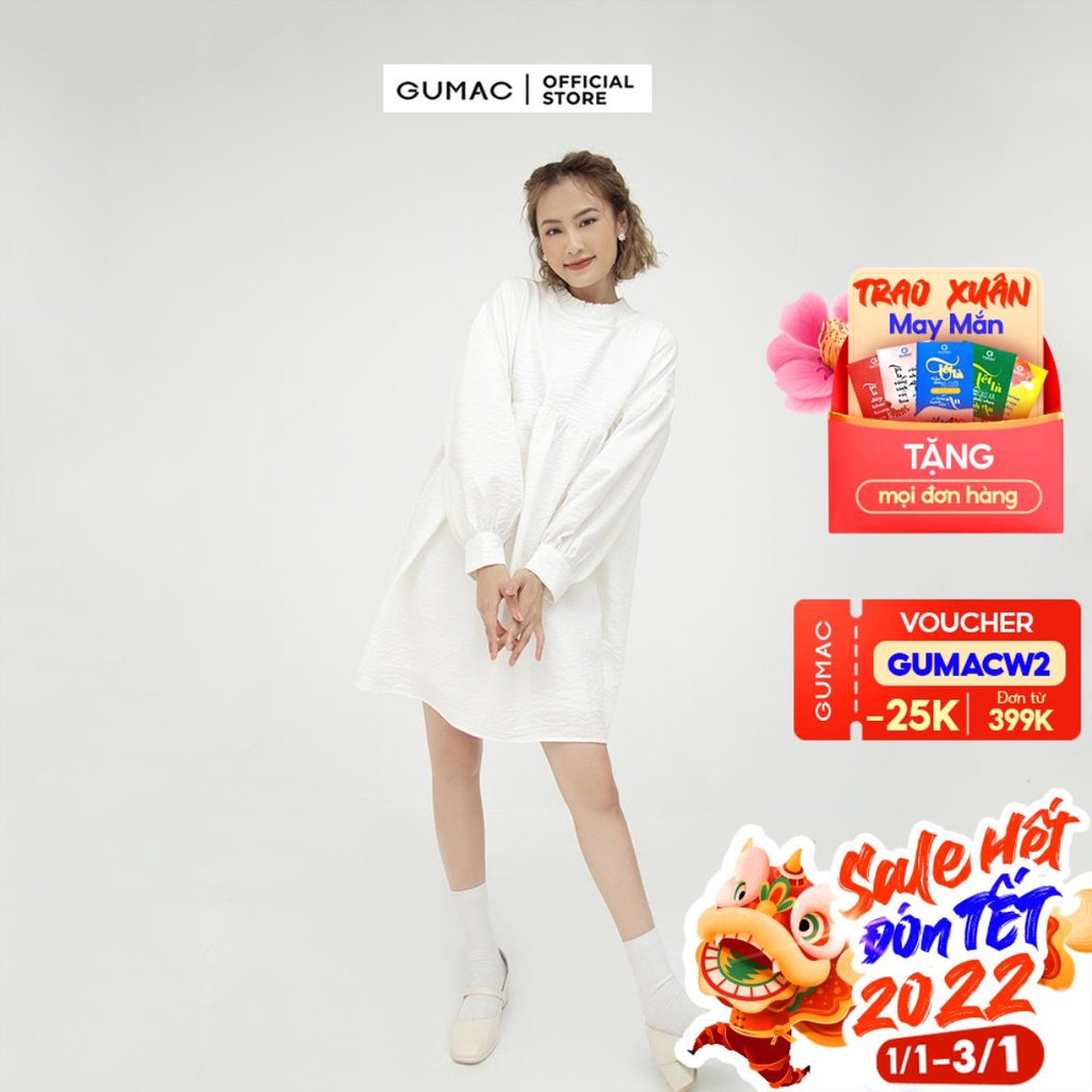 [Mã WABR0101 giảm 10% đơn 99K] Đầm nữ babydoll tay dài GUMAC màu trắng freesize DB5103
