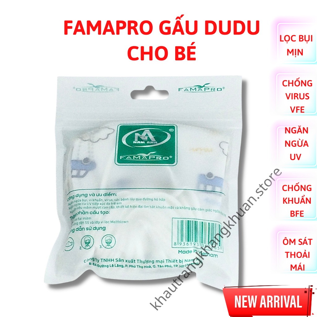 Khẩu trang 5D cho bé, khẩu trang Famapro Gấu Dudu cho bé, dễ đeo, ôm sát, không ngợp (hôp, túi 10 cái)