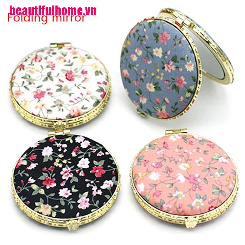 1 Gương Trang Điểm Mini Hai Mặt Họa Tiết Hoa Phong Cách Vintage