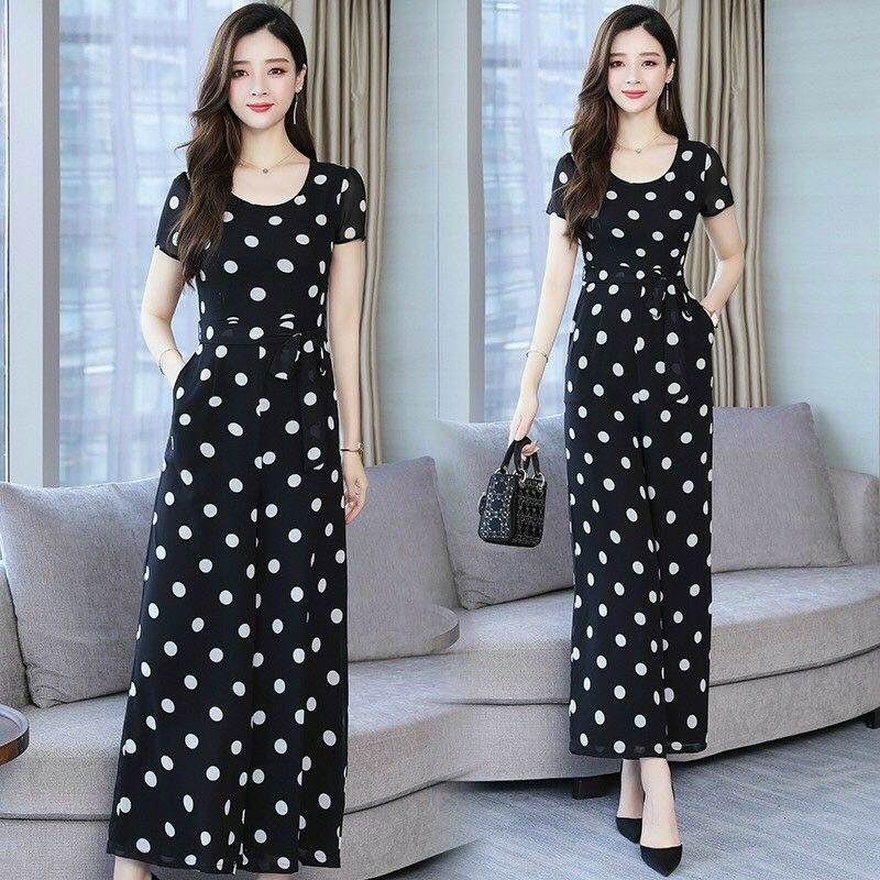 Jumpsuit dài chấm bi lụa mịn mát, bộ jum cổ tròn thắt eo - DTH