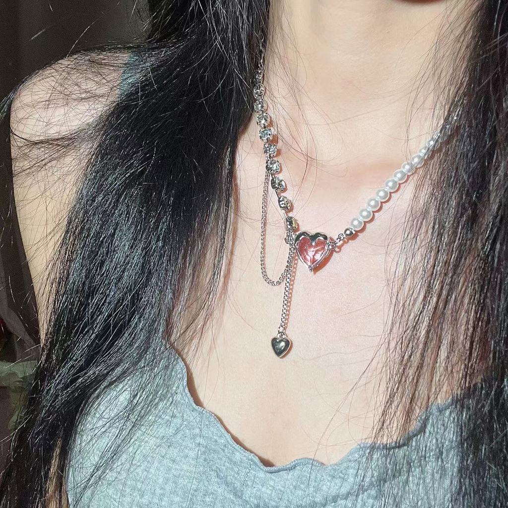 Vòng cổ Mặt Trái Tim Đính Đá zircon Hồng Thời Trang Cho Nữ