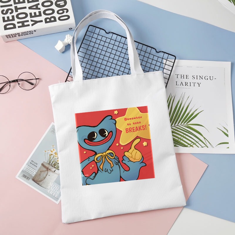 Túi tote vải trắng đeo vai in hình game POPPY PLAYTIME phong cách anime chibi tiện lợi thời trang