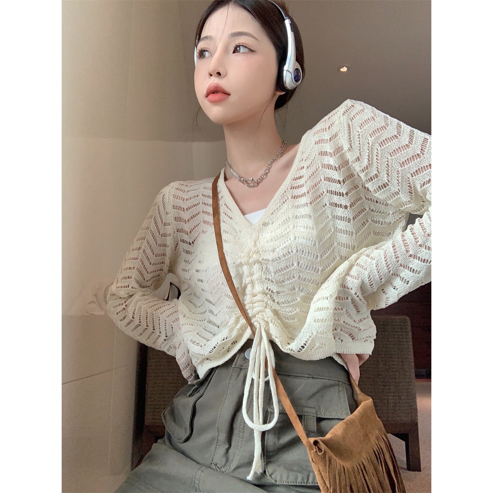 【ZHELIHANGFEI】Áo Dệt Kim Chống Nắng Lưng Cao Phối Dây Rút Trẻ Trung Quyến Rũ Dành Cho Nữ