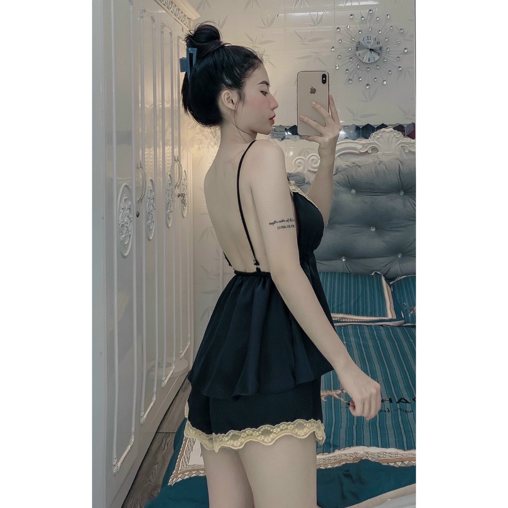 Đồ ngủ sexy 💋Freeship💋 Đồ ngủ sexy xẻ tà siêu xinh satin phối ren Freesize dưới 60kg - Linqu Sleepwear