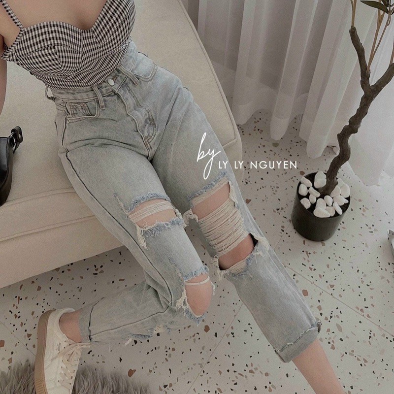 Quần jean nữ, quần jeans lưng cao rách gối to dáng ôm co dãn màu đen ( rách bụi ...