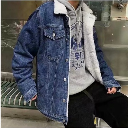 Áo Khoác Denim Lót Nhung Dáng Rộng Thời Trang Hàn Quốc Cá Tính Cho Nam