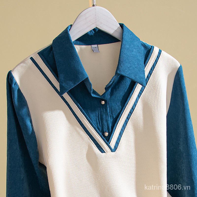 Áo Sơ Mi Giả Hai Lớp Màu Sắc Tương Phản Phong Cách Phương Tây Dành Cho Nữ
