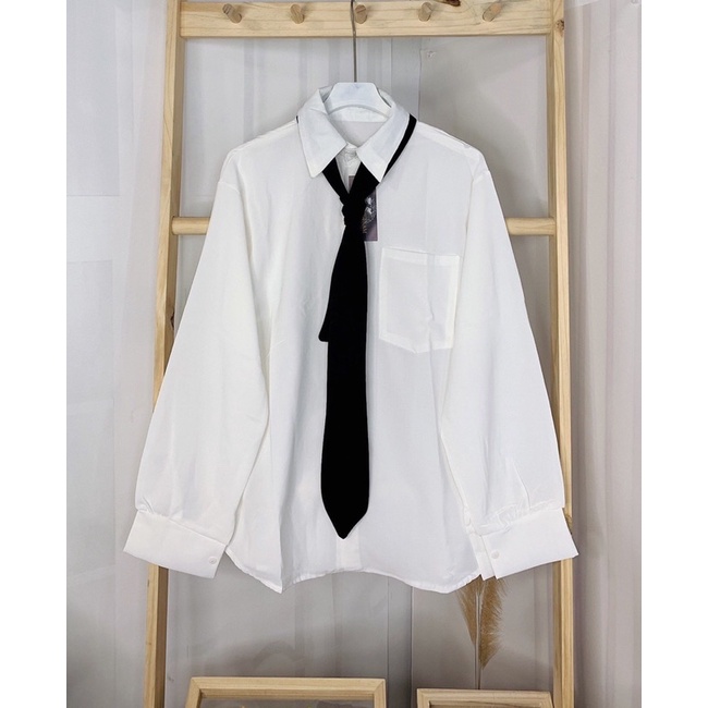 Áo sơ mi túi ngực dài tay kèm cà vạt chất đũi form rộng mix gile diện Tết