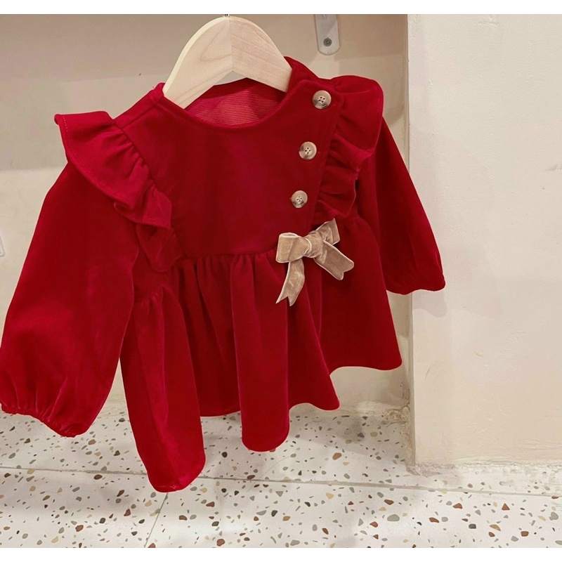 VÁY NHUNG ĐỎ BG VIỀN BÈO ĐÍNH NƠ