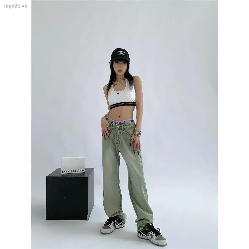 Quần jean dài ống rộng lưng cao màu xanh lá nhạt size lớn phong cách Mỹ thời trang cho nữ