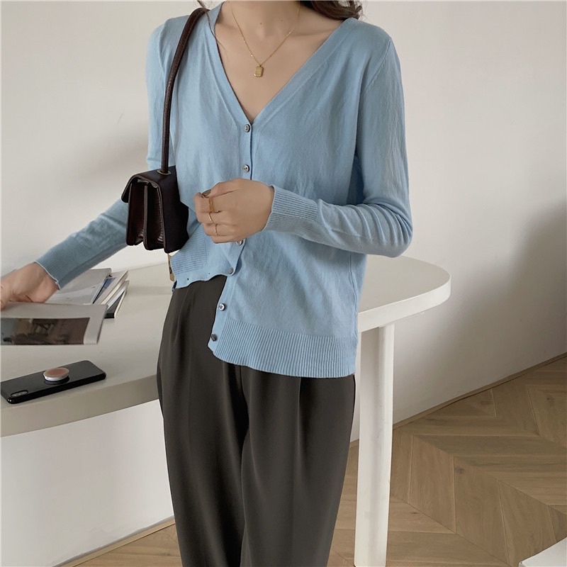Áo khoác len dệt kim mỏng montagut cổ V nhiều màu basic ulzzang Hàn Quốc