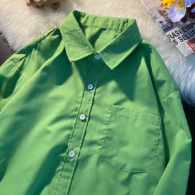 Áo Sơ Mi Dáng Rộng Màu Xanh Lá Với Tay Dài Thời Trang Hàn Quốc