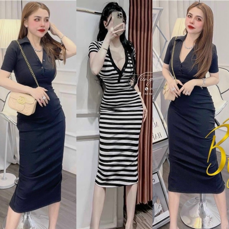 Đầm body cổ trụ V phôi nút tay ngắn chất thun gân - BẦU BÍ BON CHEN XINH LẮM NHA