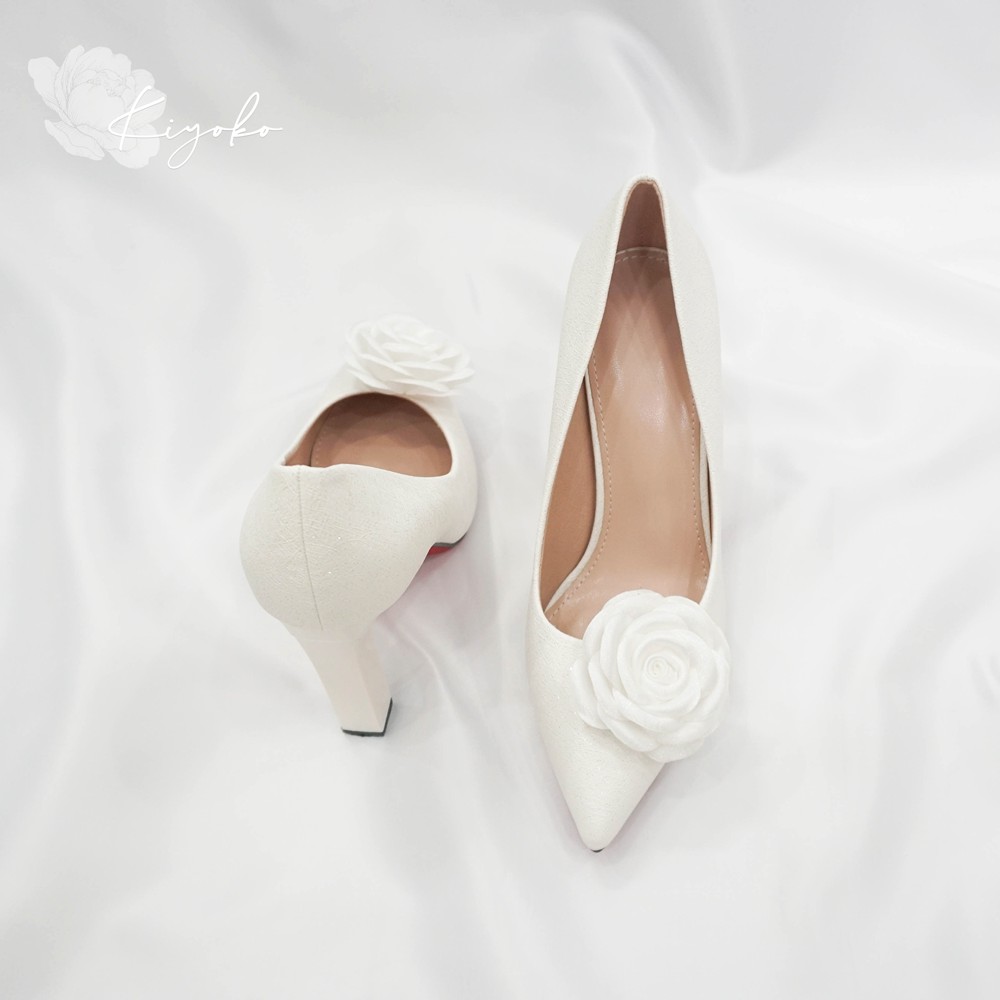 Giày cô dâu cao gót đế vuông đính hoa vải lấp lánh 10cm