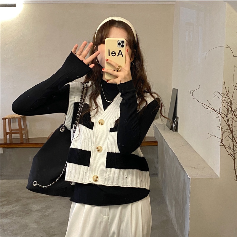 Áo len không tay cổ chữ V họa tiết kẻ sọc màu sắc thời trang | BigBuy360 - bigbuy360.vn