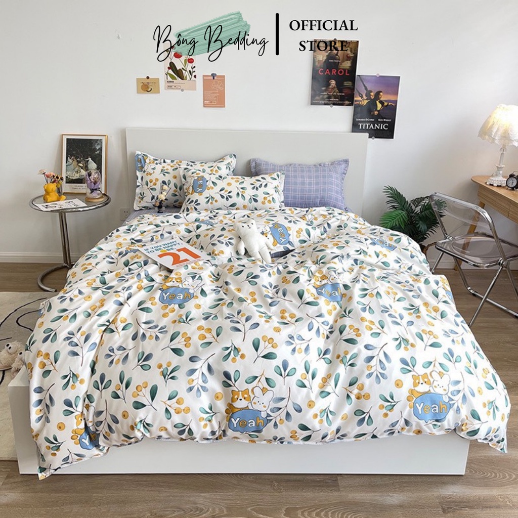 Bộ chăn ga Cotton poly hoa lá chăn ga Hàn Quốc đủ size miễn phí bo chun