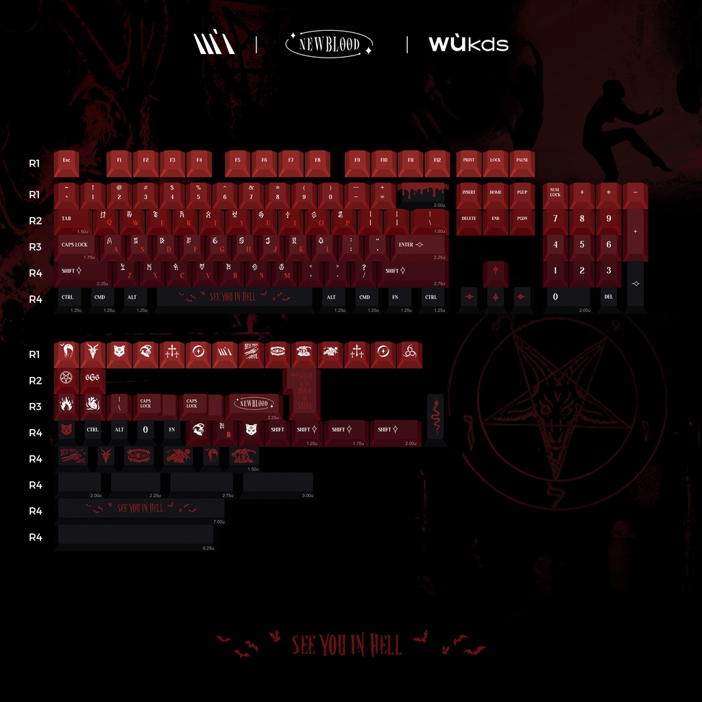 WUKDS MỚI BLOOD Keycaps 150 Phím PBT Thuốc nhuộm thăng hoa Keycaps Cherry Profile Keycaps dành cho Bàn phím cơ Cherry Gateron MX Công tắc