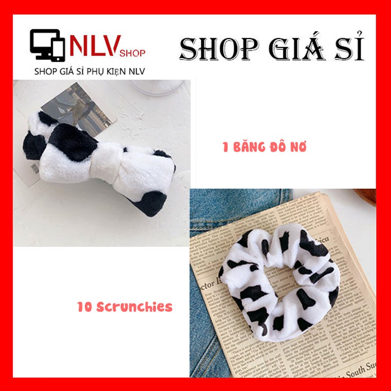 Combo 1 Dây cột tóc Scrunchies + 1 Băng đô rửa mặt bò sữa siêu xinh hot trend