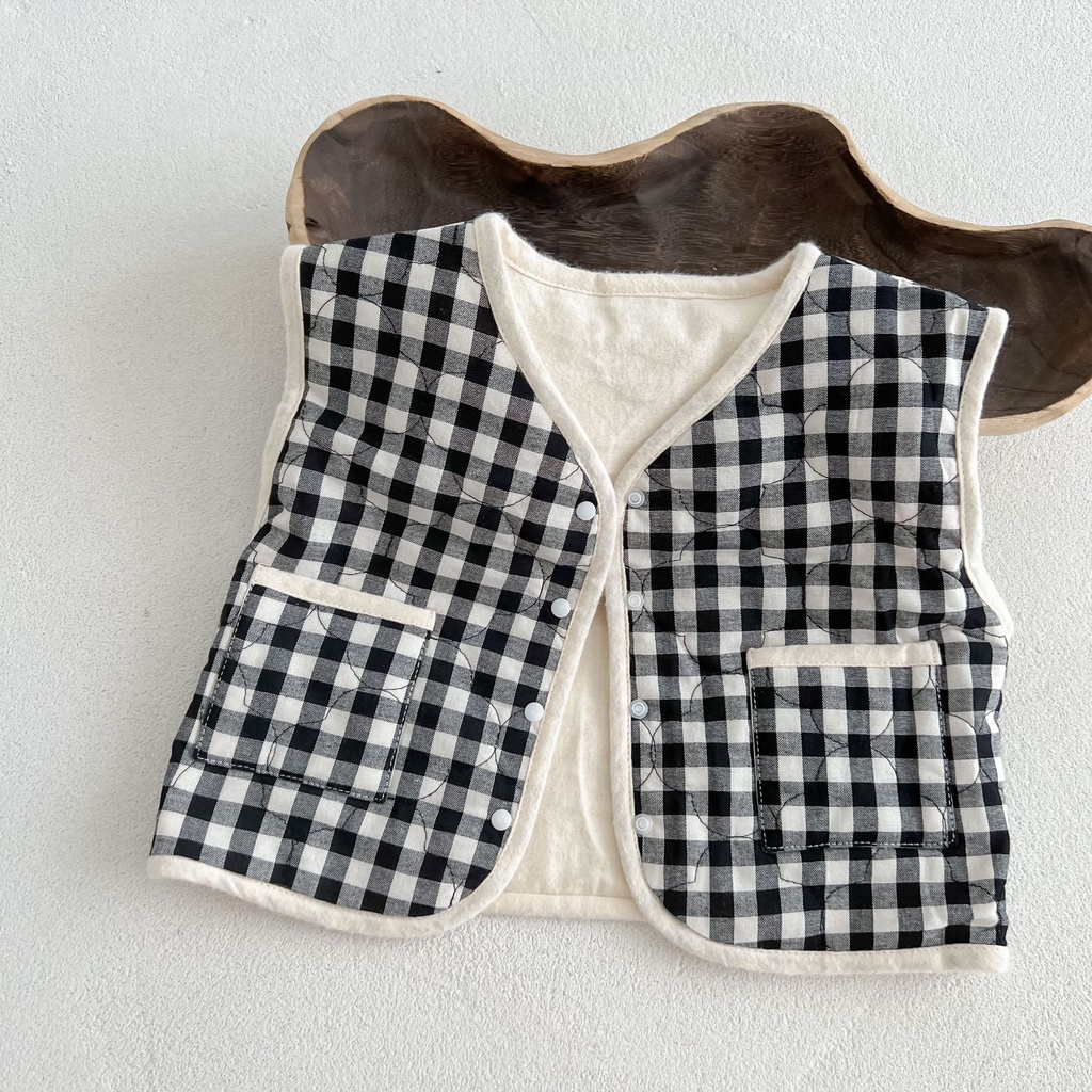 Áo Khoác Cotton Không Tay In Họa Tiết Caro Dễ Thương Phong Cách Hàn Quốc Cho Bé