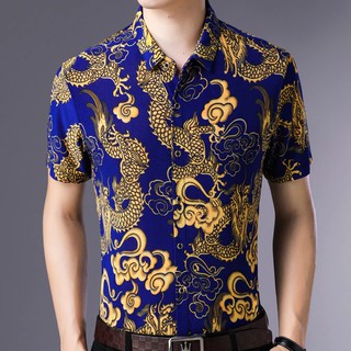 Áo sơ mi nam ngắn tay họa tiết hình rồng thời trang