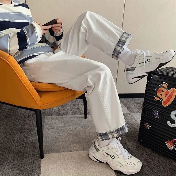 Quần Denim Ống Rộng Lưng Cao Họa Tiết Sọc Caro Thời Trang 2022 Cho Nữ