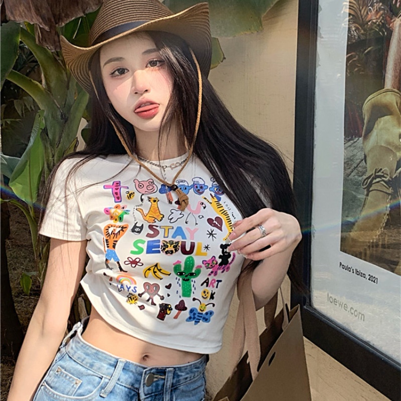 Áo Thun Croptop Tay Ngắn Màu Sắc Thời Trang Cho Nữ