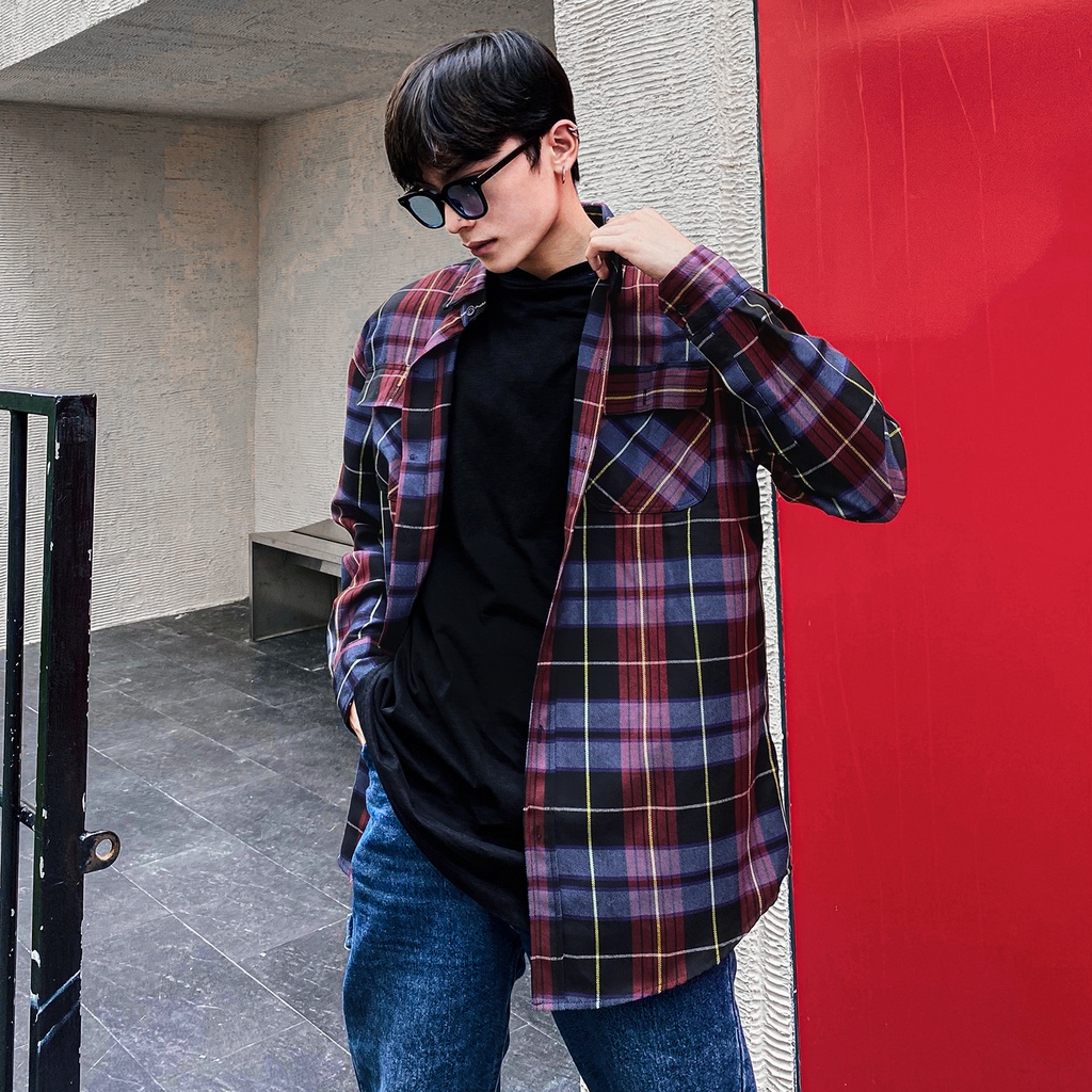 Áo Sơ Mi Flannel Màu Tím Chất Liệu Cotton Thoáng Mát