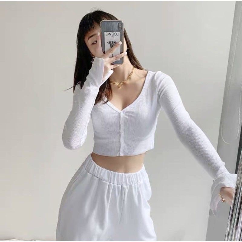 Áo Croptop Xẻ Tay Dài Thun Gân Co Giãn A2-XTD