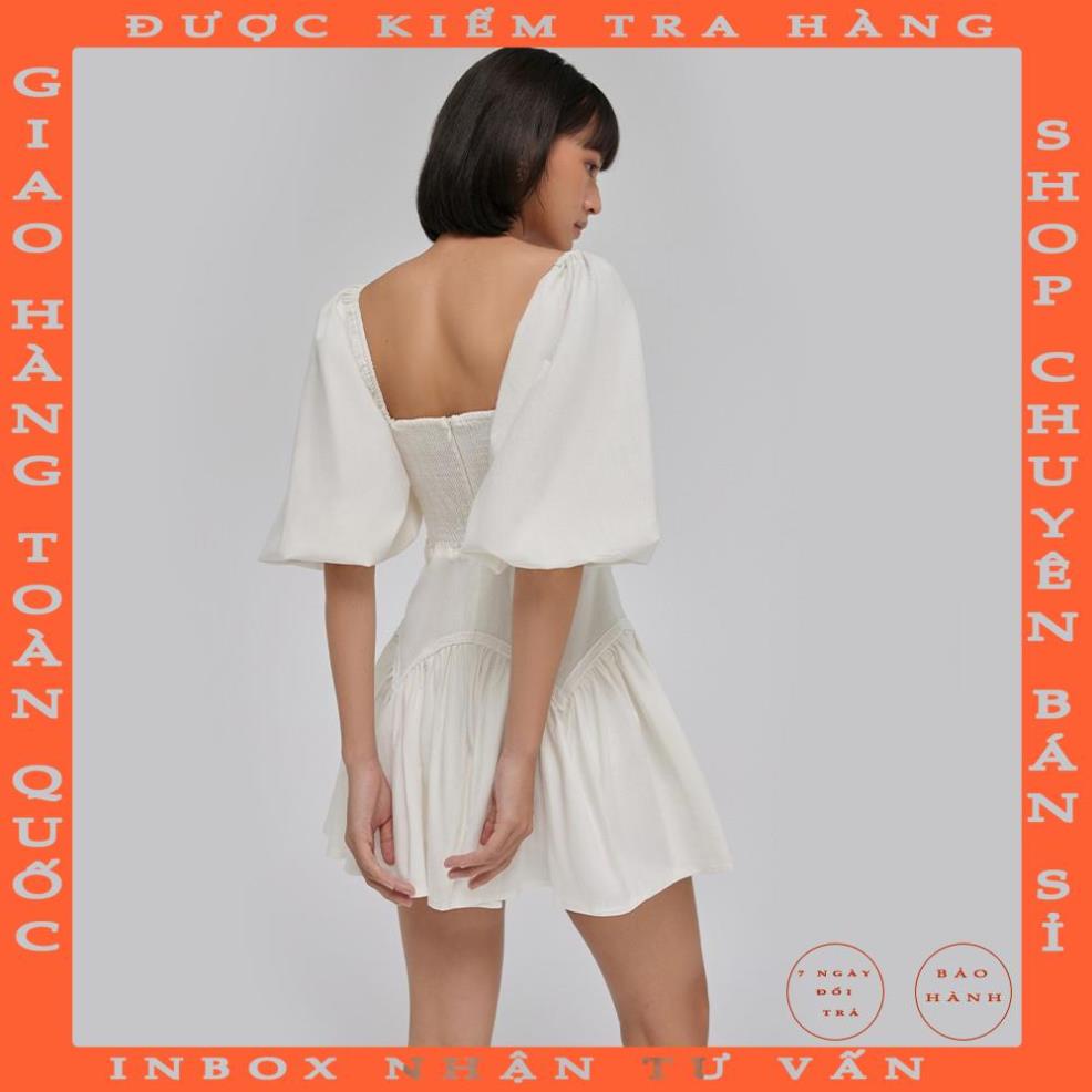 DEAR JOSÉ - Đầm ngắn cổ vuông tay lửng bồng Sunset Valley vải linen trắng luongphon