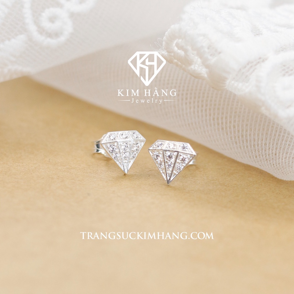 Khuyên Tai BẠC Thiết Kế Hình Kim Cương - Chốt Đẩy