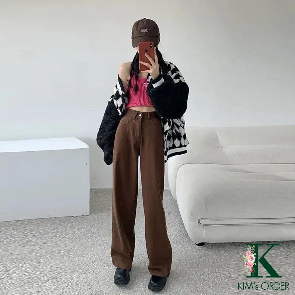 Quần Jeans Nữ Màu Nâu Đất Ống Suông Chất Jean Cạp Cao Phom Rộng Phong Cách Ulzzang Loại 1 Mặc Hàng Ngày Tặng Dây Tóc