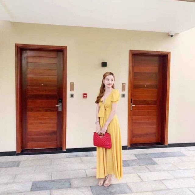 Đầm vàng midi cột nơ ngực ( ảnh thật )