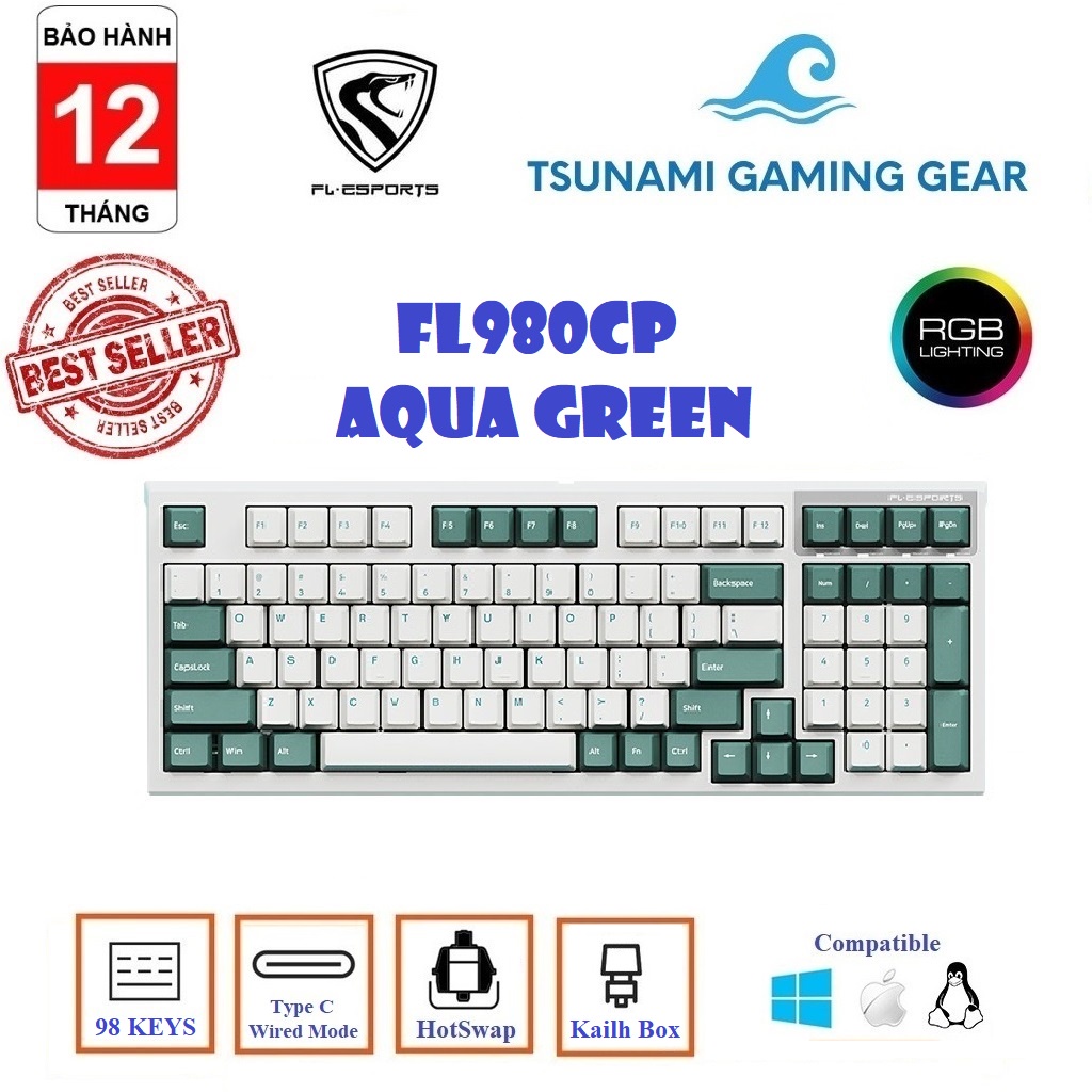 Phím cơ FL-Esports FL980CP Aqua Green USB/ Kailh Box Switch/ led RGB/ đệm tiêu âm - BH 12 tháng