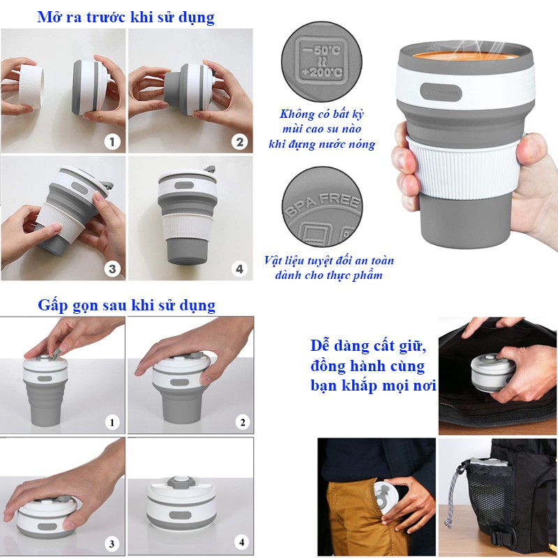 Ly Nước silicone BPA-free 350ml Bình Nước Gấp Gọn Tái Sử Dụng Thông Minh cho người yêu cafe