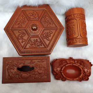 Hộp đựng bánh kẹo tết, hộp chè gỗ hương, hộp đựng giấy, gạt tàn song ngư - combo 4 sản phẩm
