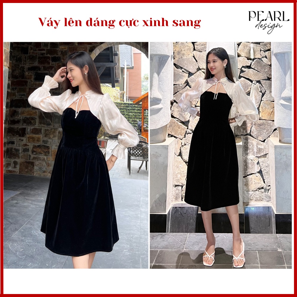 Đầm tiệc đám cưới đẹp nhung cao cấp chiết eo tay bồng tiểu thư sang chảnh  Pearl Design 112102 | BigBuy360 - bigbuy360.vn
