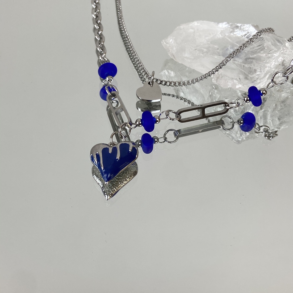 Dây Chuyền Hai Lớp Mặt Hình Trái Tim Màu Xanh Dương Phong Cách Hip Hop 19A1416ins