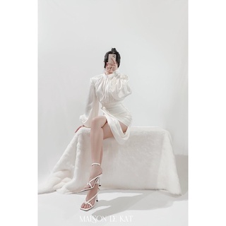 Váy lụa tay bồng cổ trụ thắt eo dài trên gối - swan dress - hàng thiết kế cao cấp - váy may theo số đo