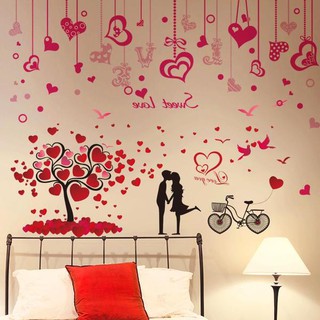 Decal dán tường Combo 2 tranh đôi uyên ương + dây trái tim