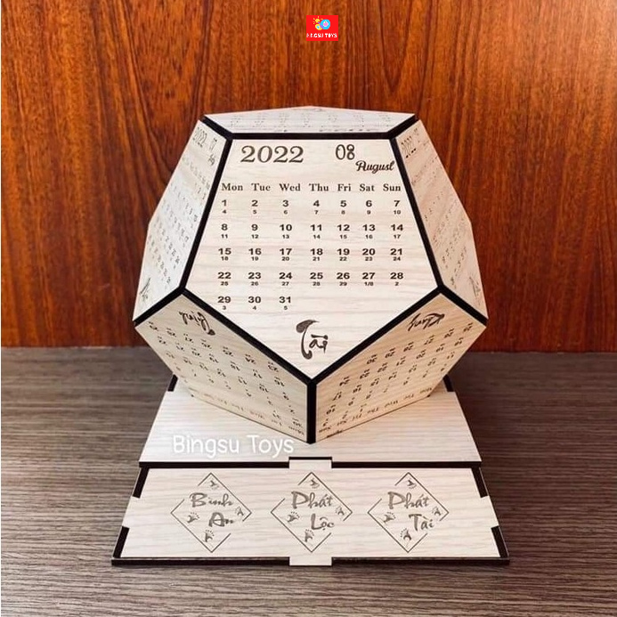 Lịch gỗ đa giác để bàn 12 mặt có khắc lịch âm dương lịch tết 2024 khắc theo yêu cầu làm quà tặng. Bingsu Toys