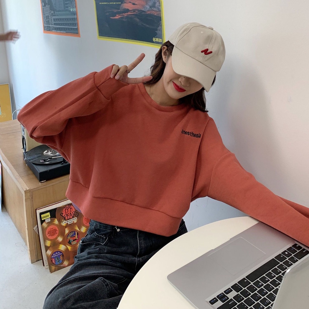 Áo Sweater Cotton Mỏng Tay Dài Dáng Rộng Phong Cách Chic Hồng Kông Cá Tính Cho Nữ