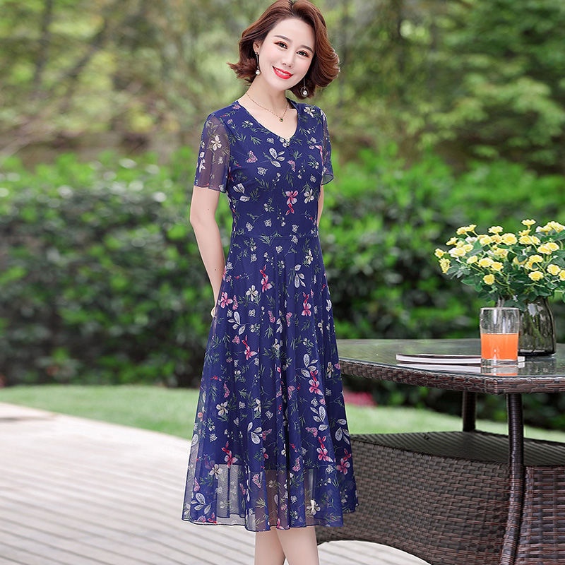 Đầm Dài Tay Ngắn In Hoa Phối Lưới Thời Trang Cho Nữ Trung Niên