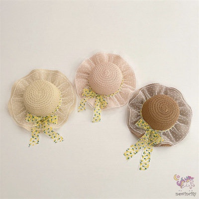 Mũ Cói Rộng Vành Phối Ruy Băng Ren Hoa Xinh Xắn Thời Trang Hàn Quốc Cho Bé Gái